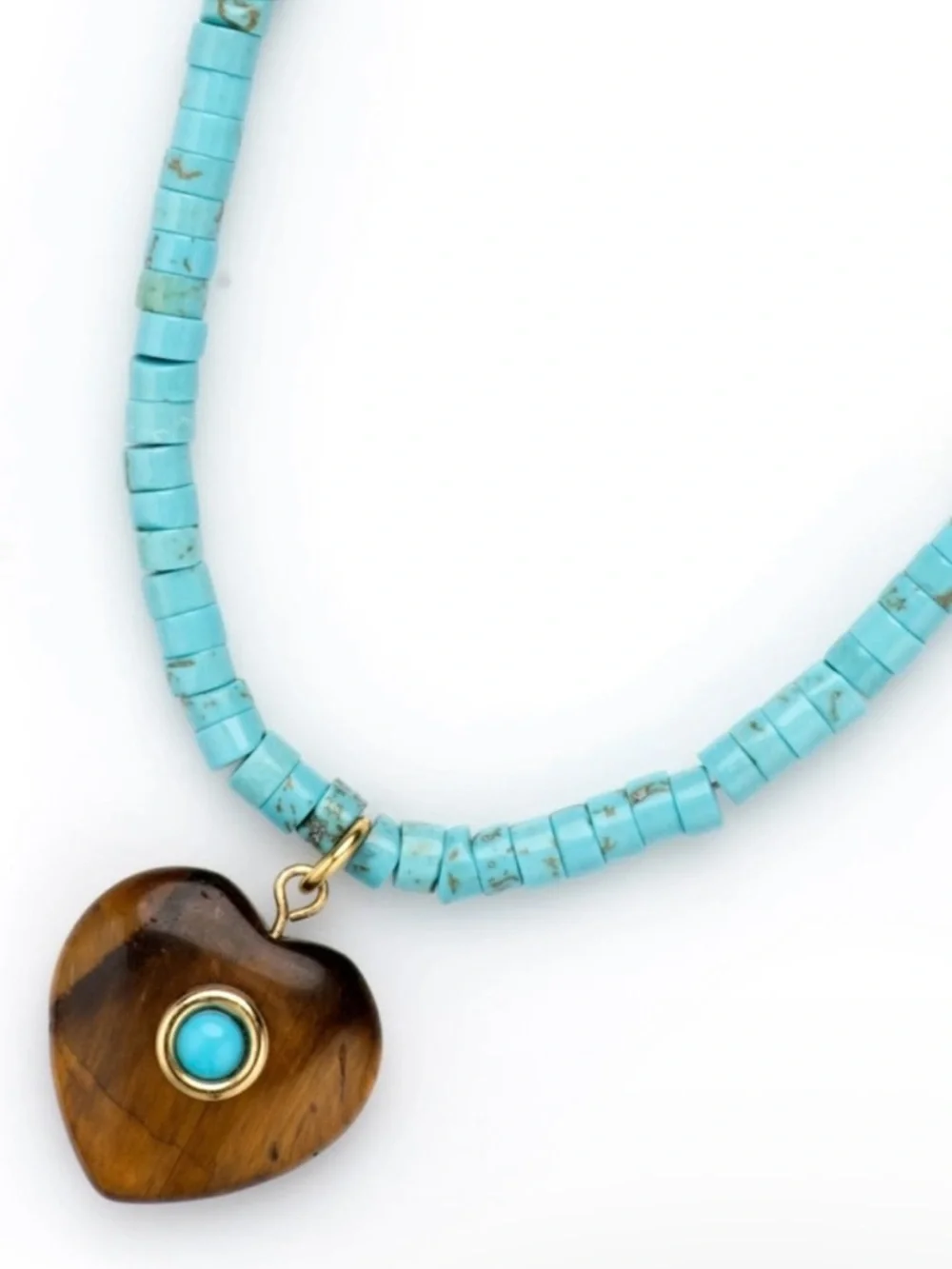 Turquoise Beaded Necklace with Tiger Eye Heart Pendant | 24K Gold Plated - Picture 2 of 6
